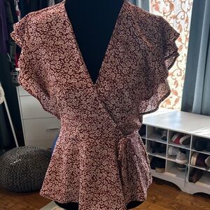 Monteau Wine Floral Wrap Peplum Blouse